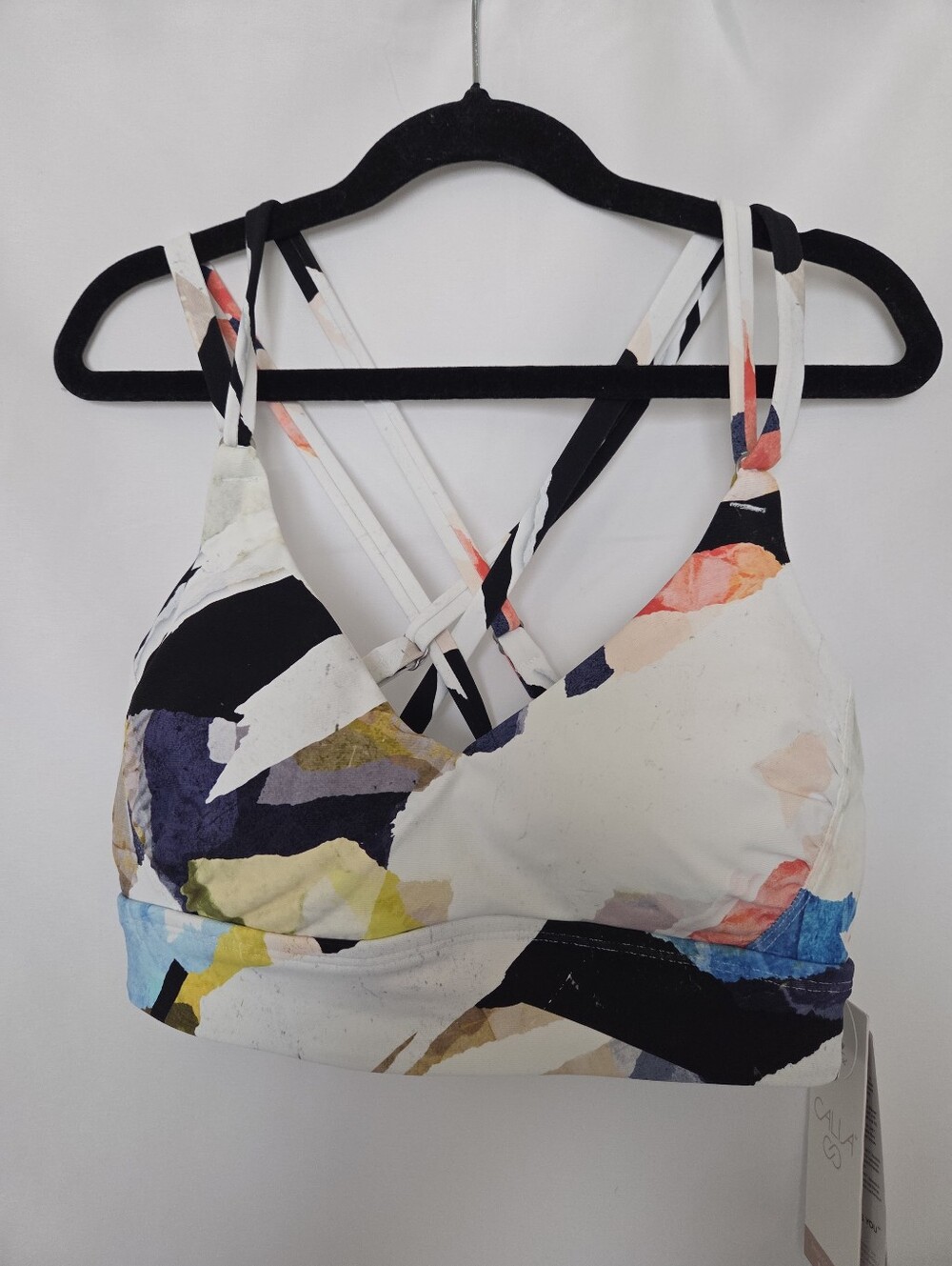 NWT CALIA Strappy Back Ruched Bikini Top Collage Pure White Pattern Abstract S